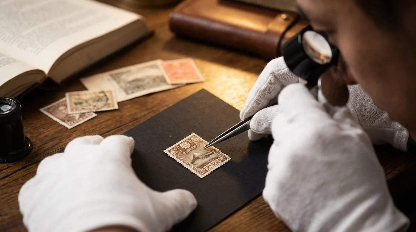 切手の価値を鑑定する様子